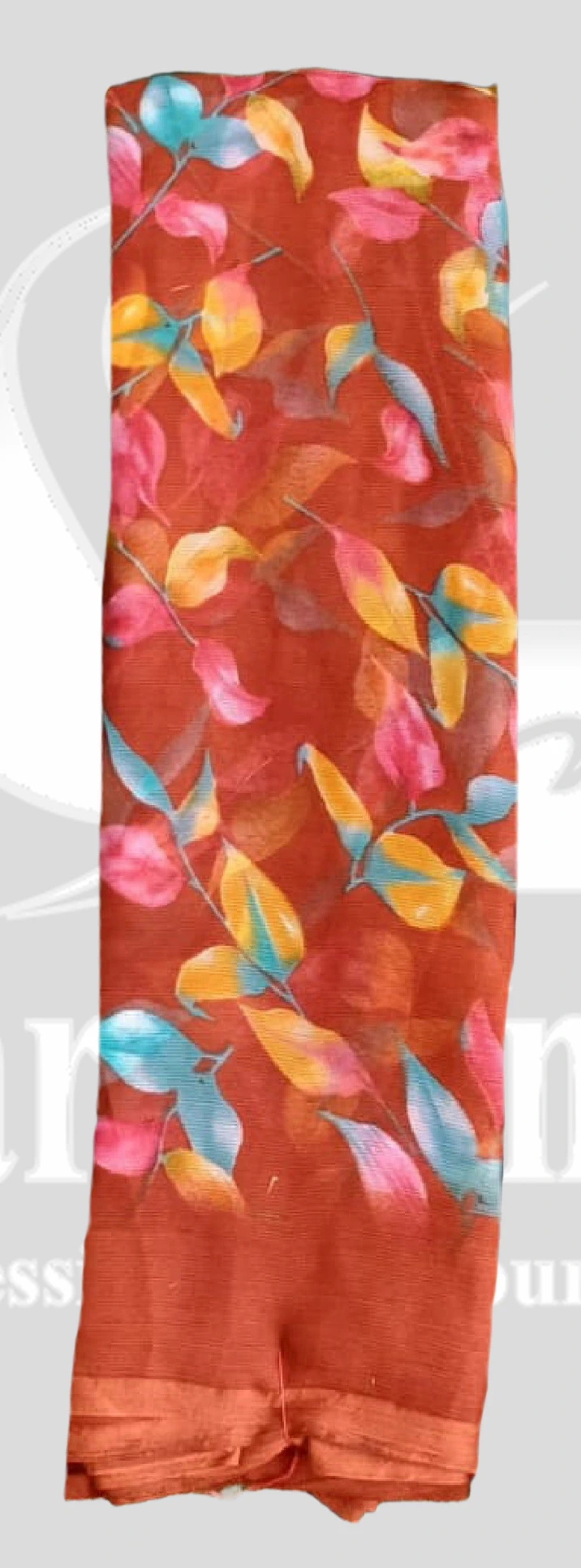 Chiffon Printed Leaf Design Saree &ndash; SANGNI1203 &ndash; Rust Orange Mix